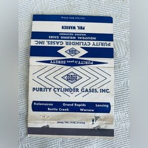 Matchbook Purity Cylinder Gases Inc Michigan advertising matchbox RA…